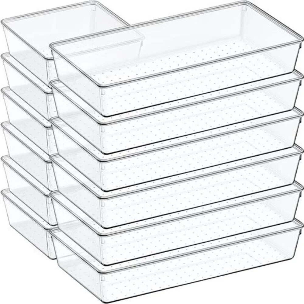 Clear drawer organizer set large plastic storage bins bathroom kitchen desk tray